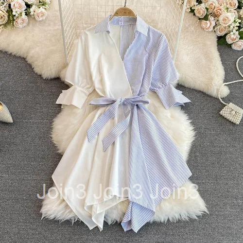 Striped Women Dress Fashion Summer Patchwork Dresses Korean Irregular Long Robe Shirt Dress Elegant Bandage Femme Vestidos