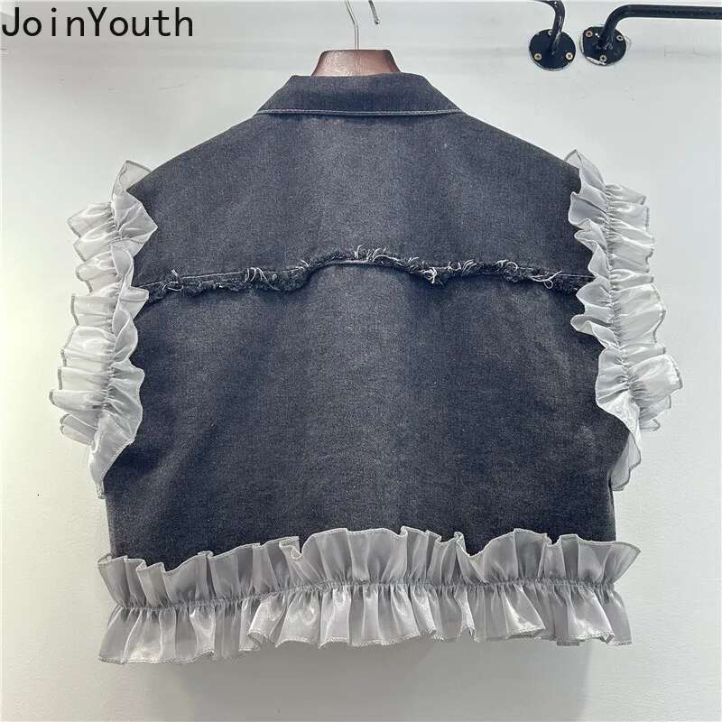 Patchwork Ruffles Denim Vests Womens Clothes 2025 Ropa Mujer Crop Tops Fashion Waistcoat Casual Korean Summer Tassel Y2k Tanks
