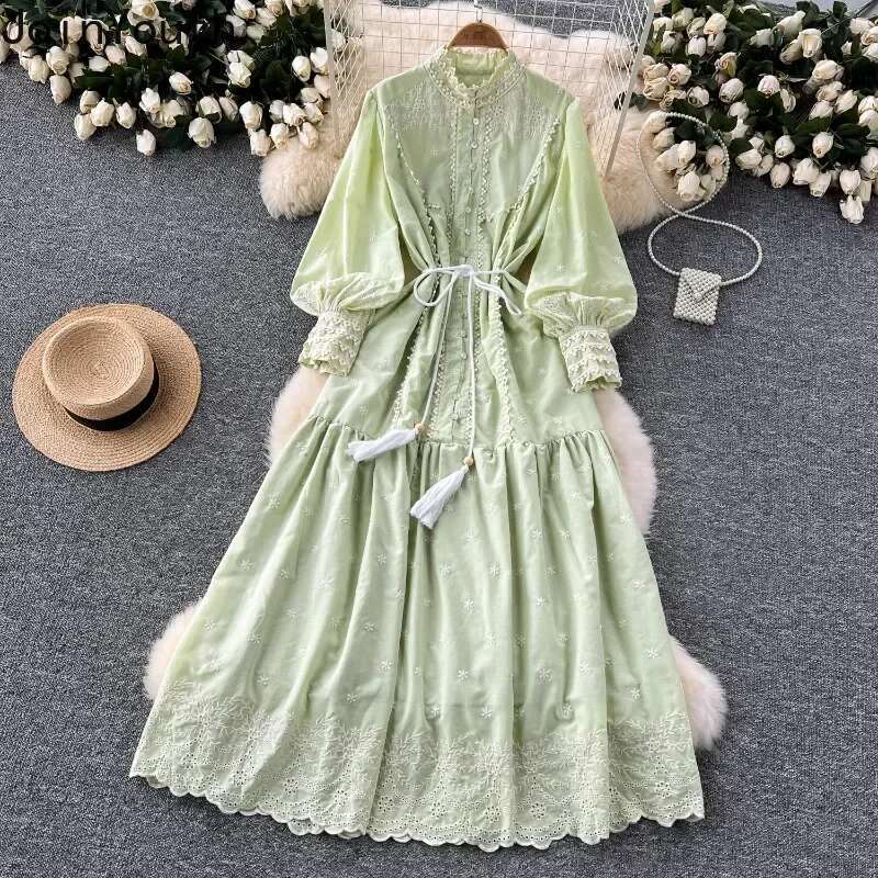 Vintage Embroidery Stand Collar Dresses for Women 2025 Summer New Robe Femme Heavy Elegant Lantern Sleeve Chic Vestido Feminino