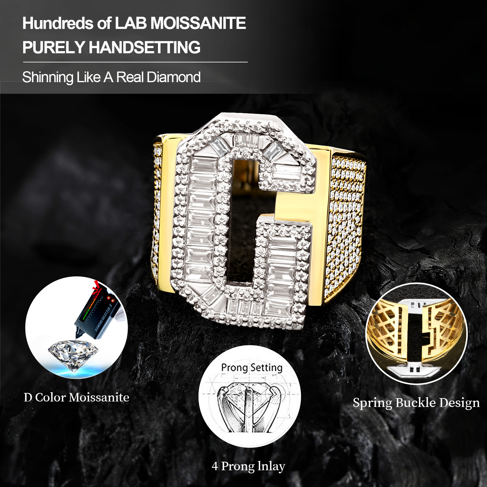 Moissanite rings Hip Hop Moissanite Ring English Letter Men's Light Luxury Unique Design High End Ring