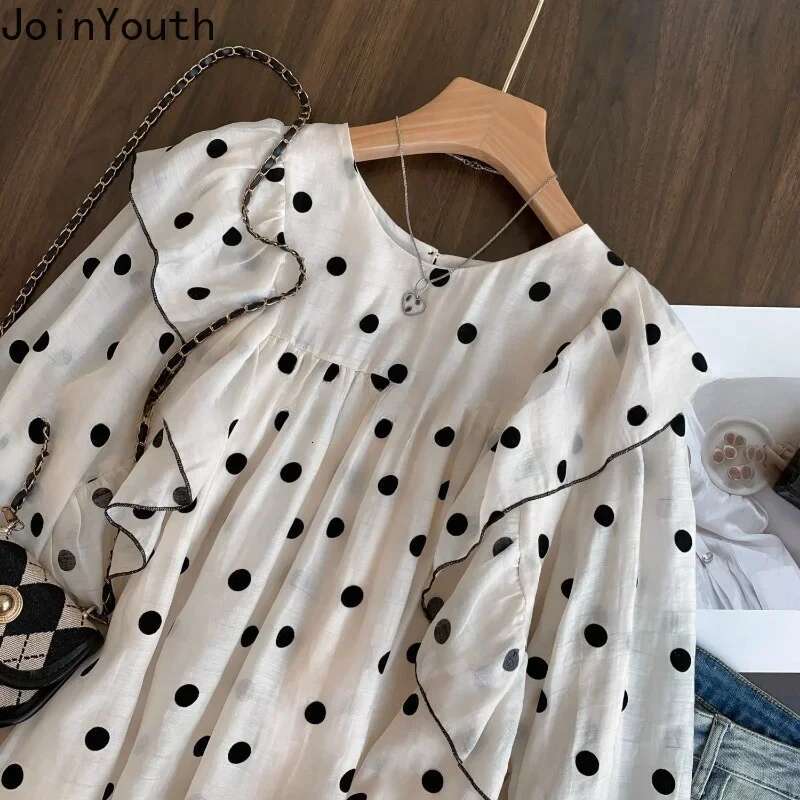 Polka Dot Blouses for Women O-neck Long Sleeve Loose Shirts 2025 Blusas Mujer De Moda Fashion Sweet Ruffles Summer Blouse Tops
