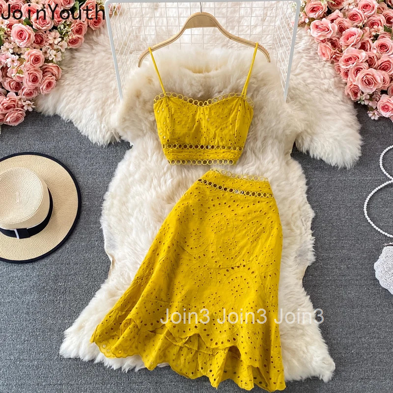 Skirt Outfits Women 2025 Sexy Chic Sweet 2 Piece Sets Roupas Femme Backless Crop Vest High Waist Bodycon Hollow Out Summer Suit