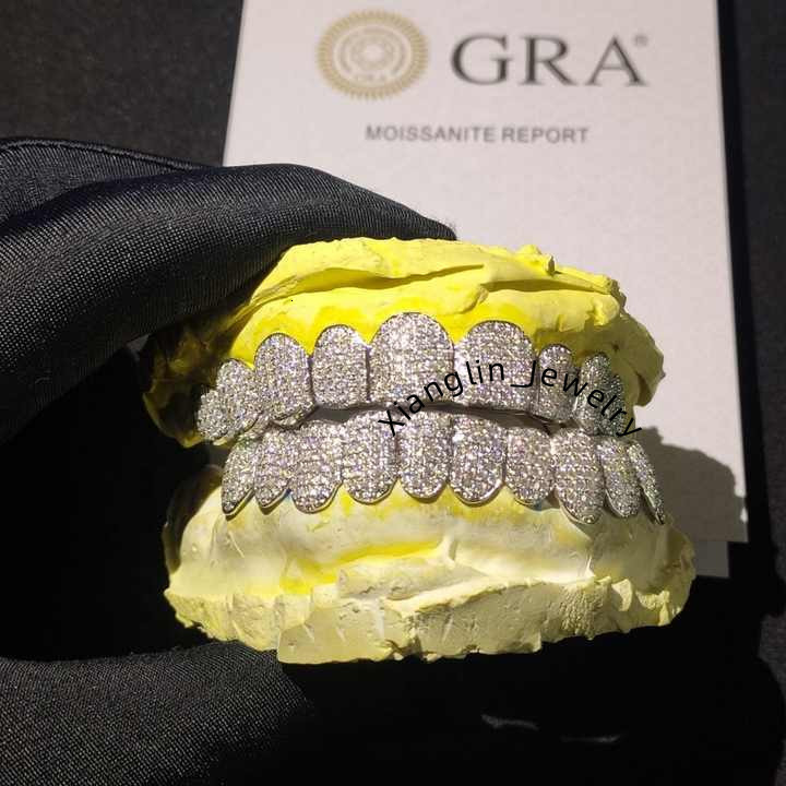 Design Rapper Moissanite S925 Silver Teeth Grillz Silver Diamond Bling Tooth Grills for Men Women High-End Jewelry Pass Test