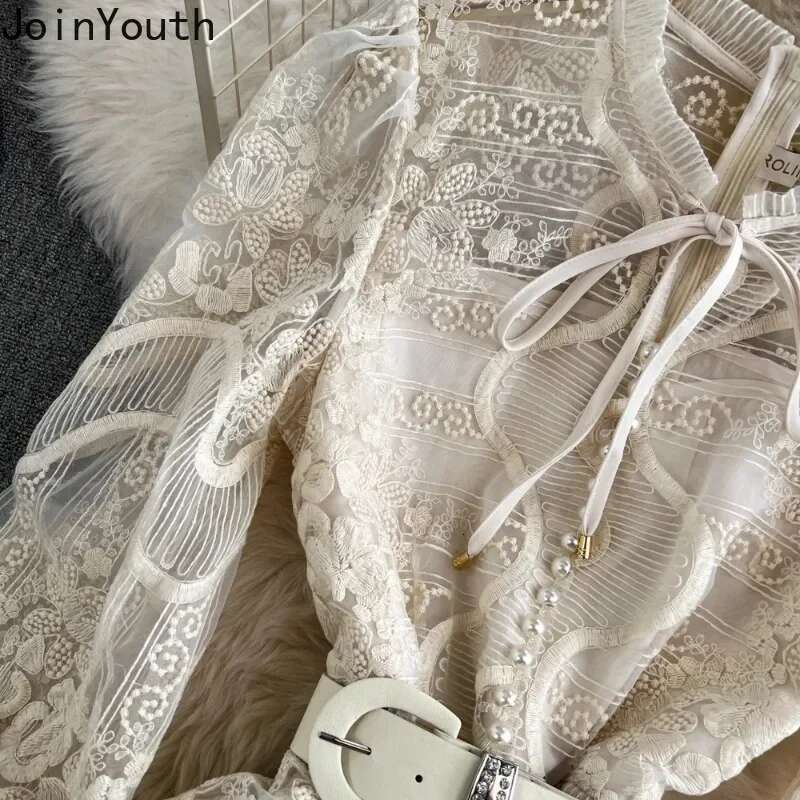2025 Vestidos De Mujer Vintage Maxi Dress for Women Bandage O-neck Long Sleeve Robe Femme Chic Embroidery Lace Elegant Dresses