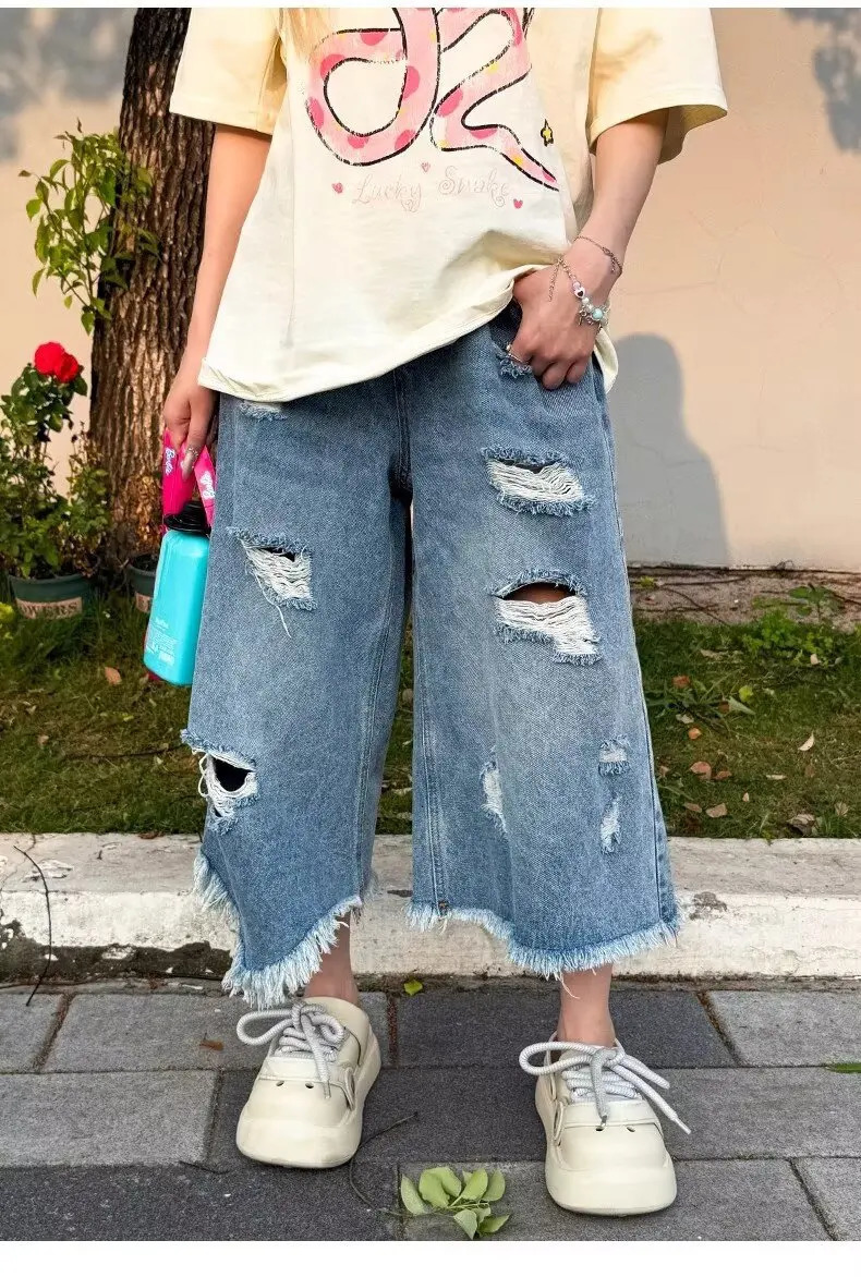 DM Vintage Ripped Denim Shorts Men Streetwear Harajuku Baggy Jeans Shorts Summer Casual Loose Shorts 250617
