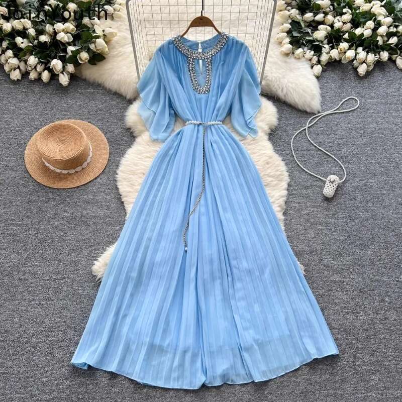 Elegant Robe Femme Women Temperament Maxi Dress 2025 Vestidos De Mujer Heavy Diamond Hollow Out Vintage Summer Pleated Dresses