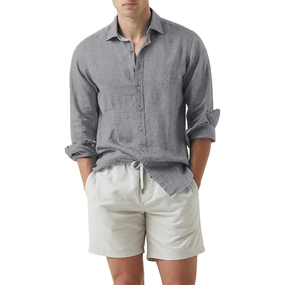 Summer Shirt Beach Cotton Linen Shirts Men Cardigan Tops Long Sleeved Turn Down Collar Slim Fit Large Size 250618