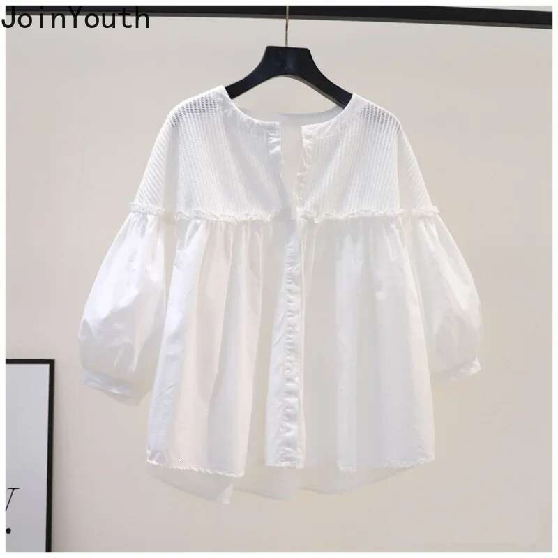 Cotton Blouses Women Patchwork Pink Shirt Loose Summer Sweet Ruffles Blouse O-neck Lantern Sleeve Tops 2025 Blusas Mujer De Moda