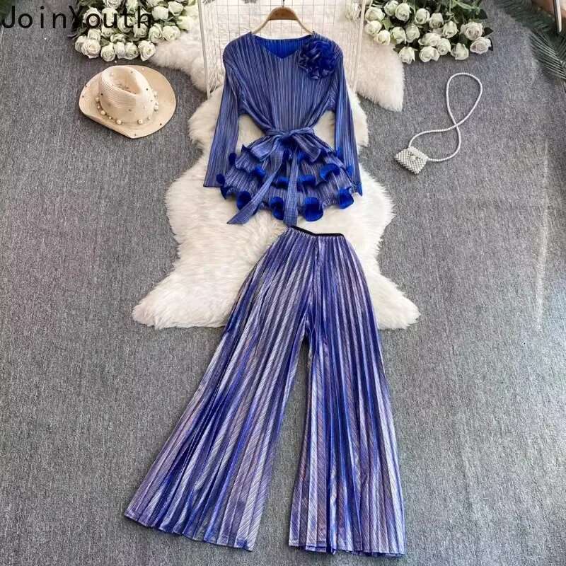 Two Piece Sets Womens Clothing V-neck Ruffles 3D Floral Blouses High Waist Pleated Wide Leg Pants Outfits Fashion Korean Suit