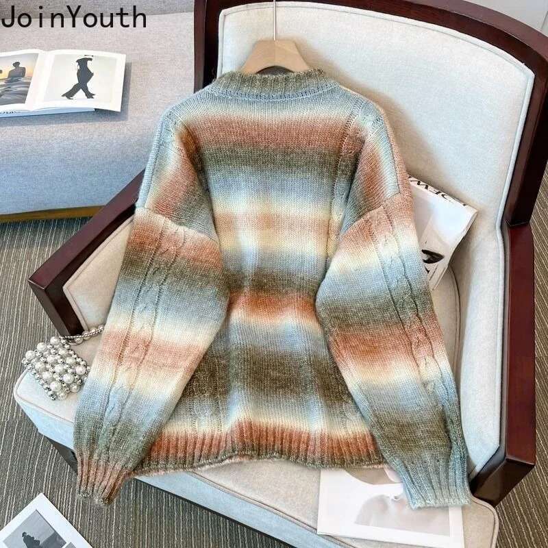 Anime Sweater Women Winter Clothing Korean Jumper Sueter Mujer O-neck Thicked Knitted Pullovers Tops Fashion Striped Pull Femme