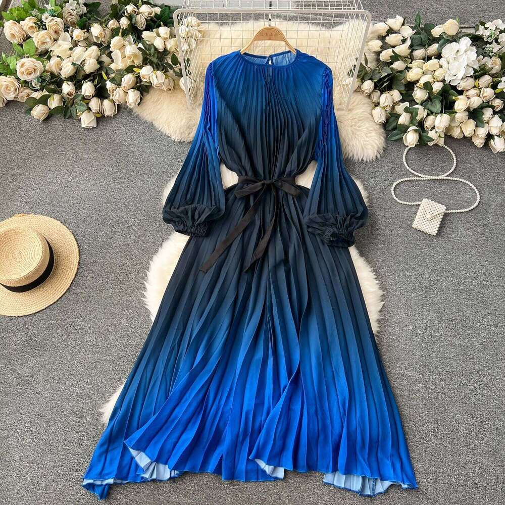 Retro Gradient Plelated Elegant Lace Up Loose A-Line Long Sleeve Casual O-Neck High Waist Dress Women Summer