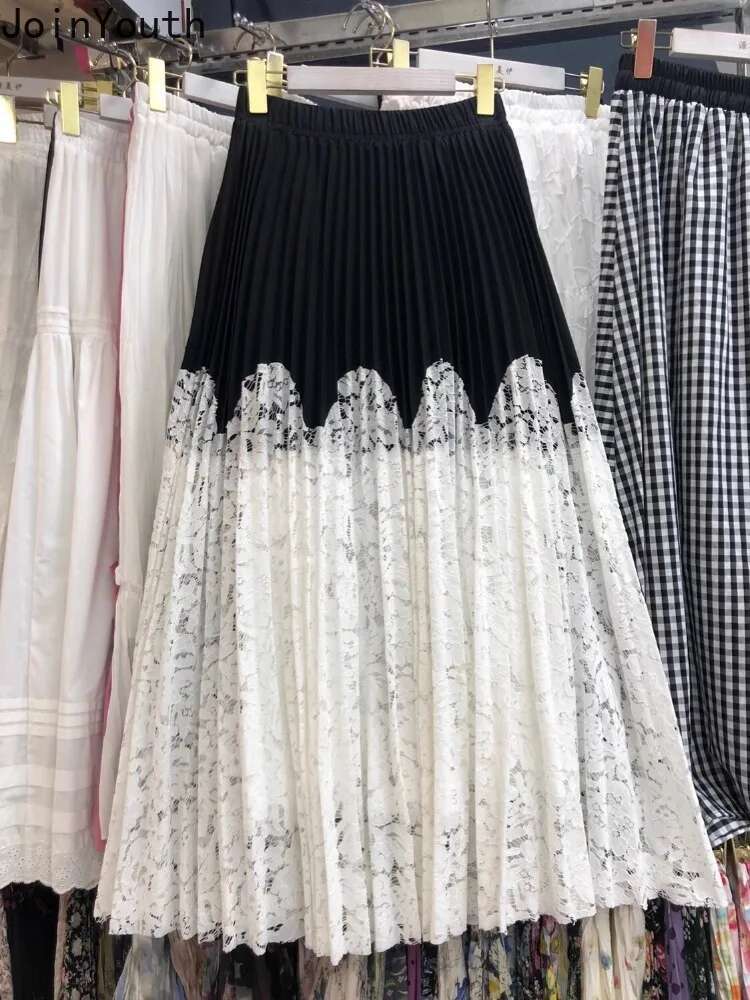 Contrast Color Lace Skirt Womens High Waist Korean Jupe 2025 Faldas Mujer De Moda Chic Summer Saia Hollow Out Pleated Skirts