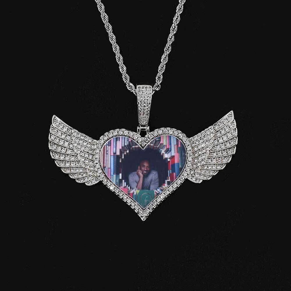 Hot Selling Hip-Hop Pendant Copper Inlaid Dia Heart Wings Zircon Solid Memory Photo Frame Necklace 4fbc