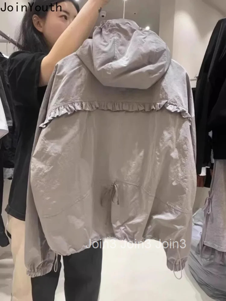 2025 Ropa Mujer Korean Jackets for Women Fashion Drawstring Long Sleeve Ruffles Hooded Zipper Y2k Tops Casual Solid Color Coat