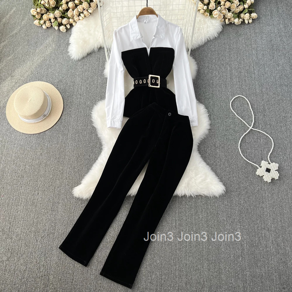 Temperament Outfits Fashion 2 Piece Sets Womens Outfits Patchwork Slim Waist Tops High Waist Tunic Pants Suit Korean Velvet Set