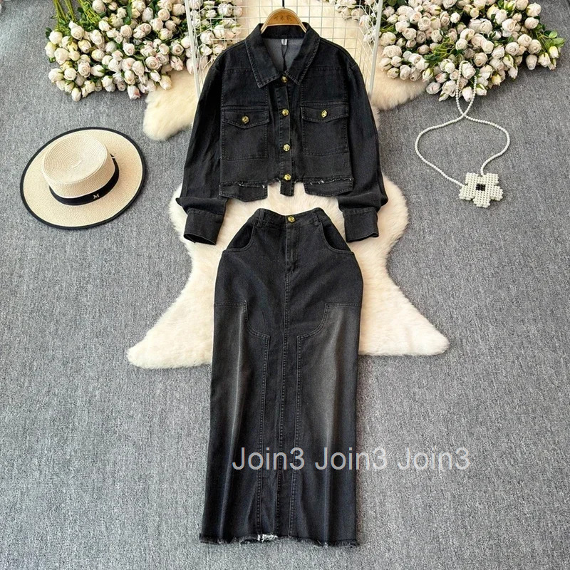 Denim Outfits Fashion Two Piece Sets for Womens Long Sleeve Lapel Neck Crop Coat High Waist Bodycon Skirts Suit Casual Y2k Set