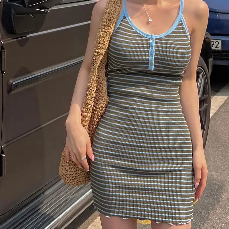 Womens Dresses Summer Fashion Striped O-Neck Casual Slim Mini Dresses Sexy Sling Backless Female Knitted Clothing Dresses 250617