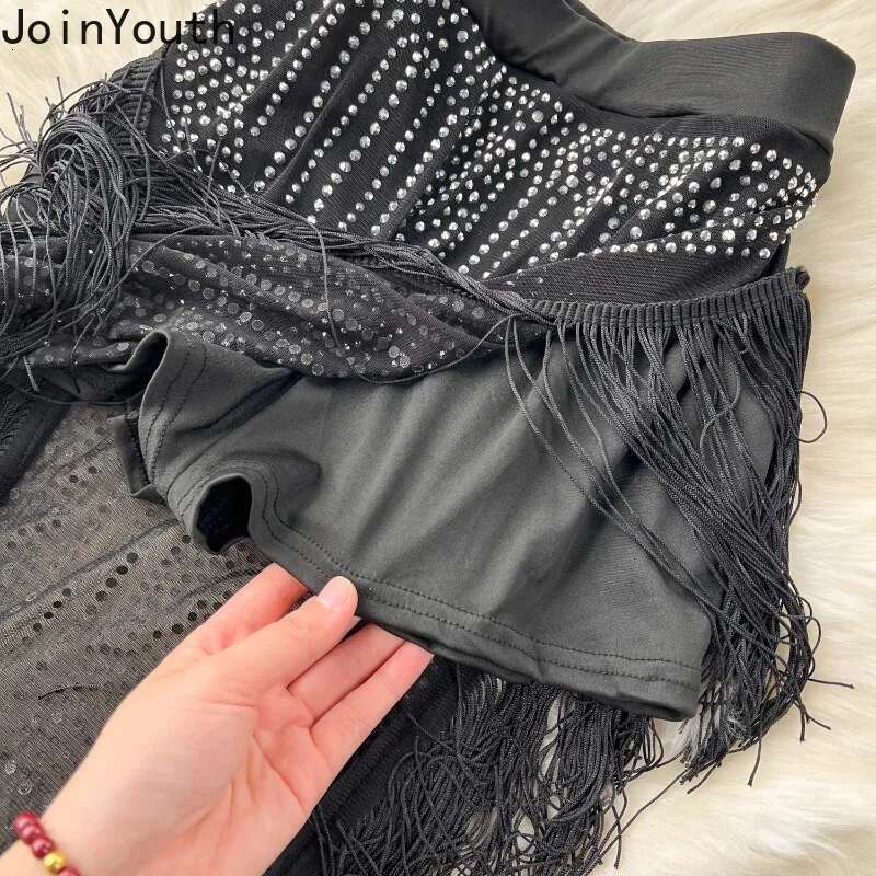 Temperament Suit Two Piece Sets Womans Clothes for 2025 Diamond Tunic Crop Tops Chic Tassel Bodycon Skirt Outfits Chic Y2k Set