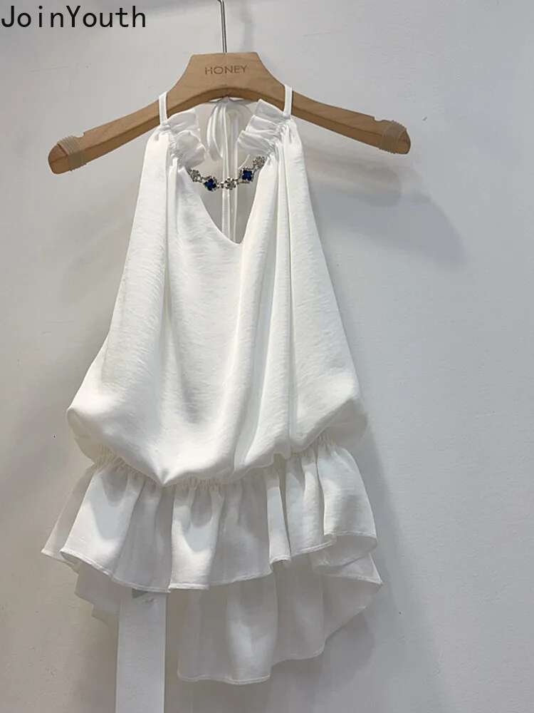 White Vest Womens Clothes V-neck Sleeveless Sexy Tees Crop Tops Bandage Backless Summer Camis Korean Chic Tanks 2025 Ropa Mujer