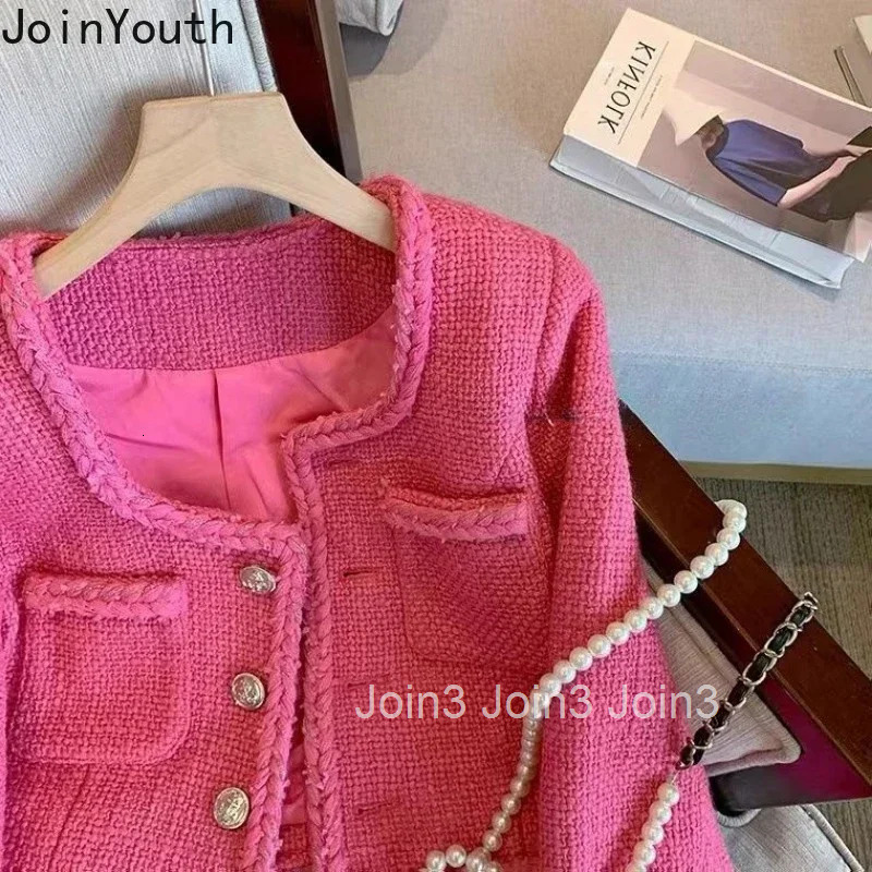 Fall Winter Clothing Fashion Women Coat Square Collar Long Sleeve Pockets Outwear Crop Tops Vintage Tweed Temperament Jackets