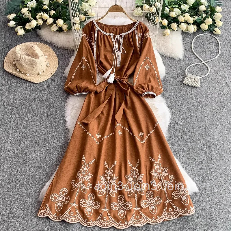 Vintage Dresses Womens Clothing 2025 Vestidos De Mujer O-neck Bandage Lantern Sleeve Robe Femme Chic Embroidery Summer Dress