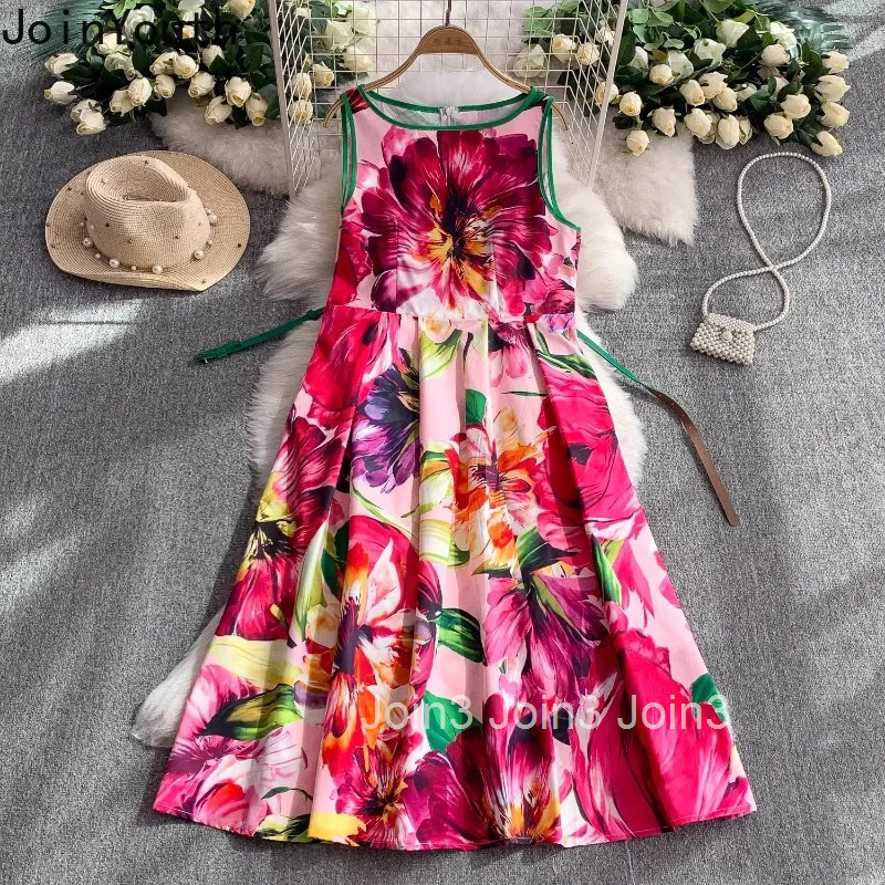Summer Floral Print Dresses for Women 2025 Vestidos De Mujer Slim Waist Sleeveless Robe Femme O-neck Big Swing Chic Maxi Dress