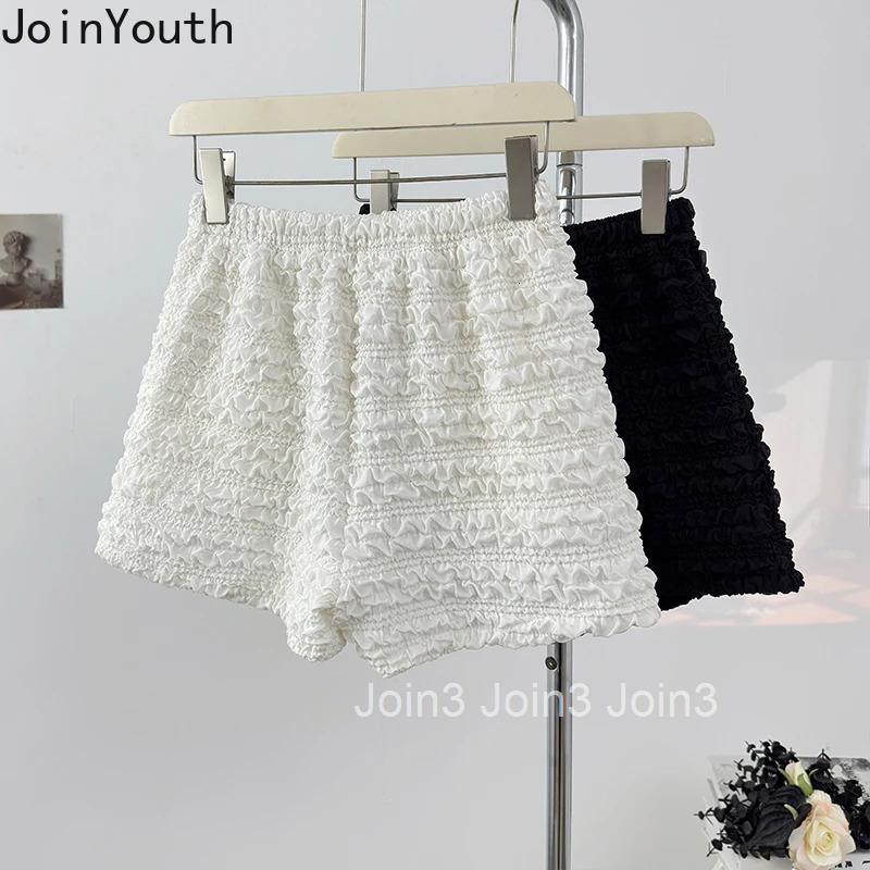 Ruffles Folds Shorts for Women 2025 New Bottoms Elastic Waist Solid Color Casual Pants Fashion Summer Pantalones Cortos De Mujer