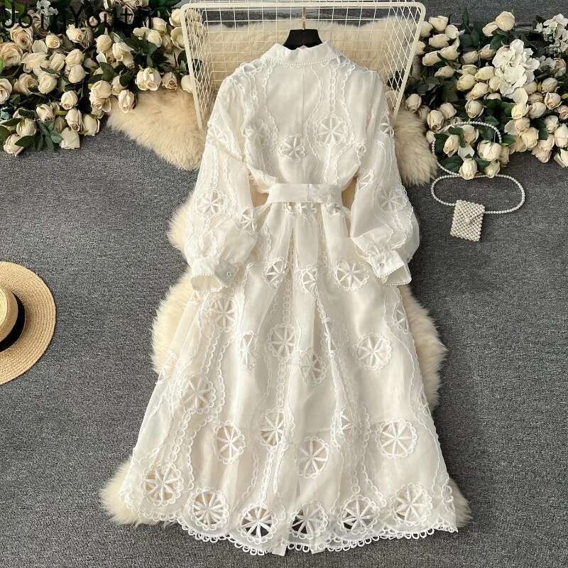 Maxi Dresses for Women Vintage Heavy Embroidery Robe Femme Single Breasted Bandage A-line Hollow Out Dress Vestidos De Mujer