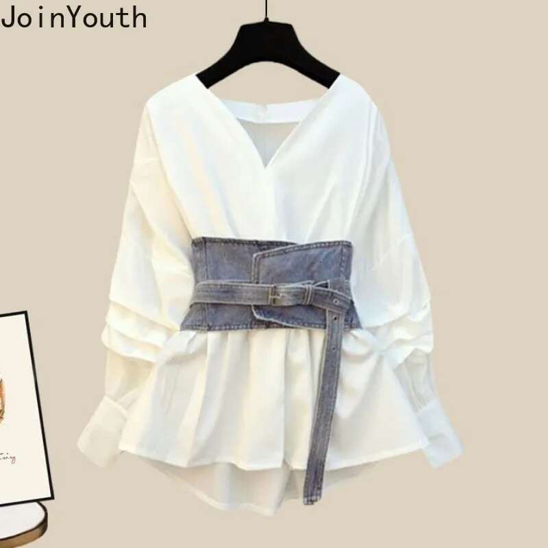 Y2k Fashion Skirt Outfits 3 Piece Sets Womens Clothing Tunic Girdle Slim Waist Shirt High Waist Drawstring Denim Skirts Suit