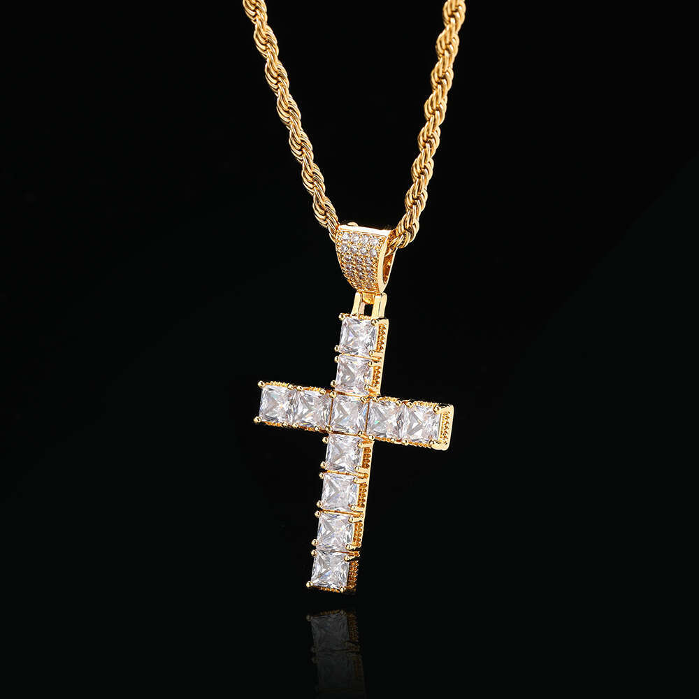 Square Zircon Cross Necklace Personality Hip-Hop Accessories Trendy Pendant 5526