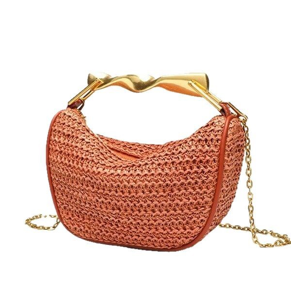 Women's Metal Handle Mini Handbag Free Shipping New Straw Woven Bag Fashionable Luxury Designer Single Shoulder Crossbody Zipper Bag