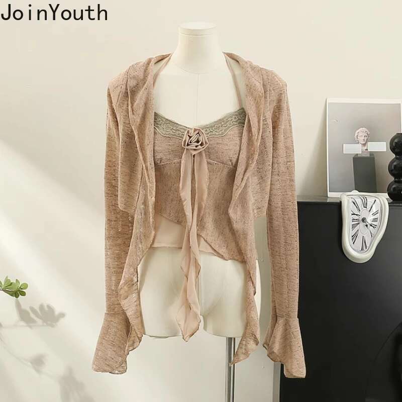 2025 Womens Clothing Two Piece Sets Ruffles Long Sleeve Blouses 3D Floral Patchwork Vest Outfits Roupas Femme Chic Summer Suit