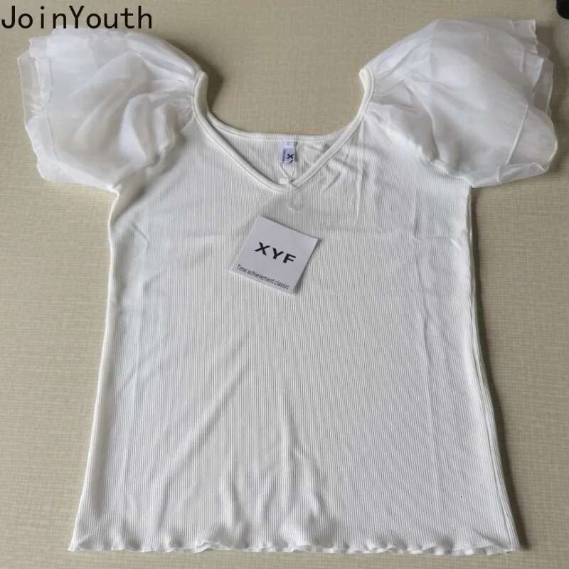 Summer Woman T Shirts V-neck Puff Sleeve Tuic White Tees Crop Tops 2025 Ropa Mujer Fashion Korean Knit Thin Temperament Tshirts