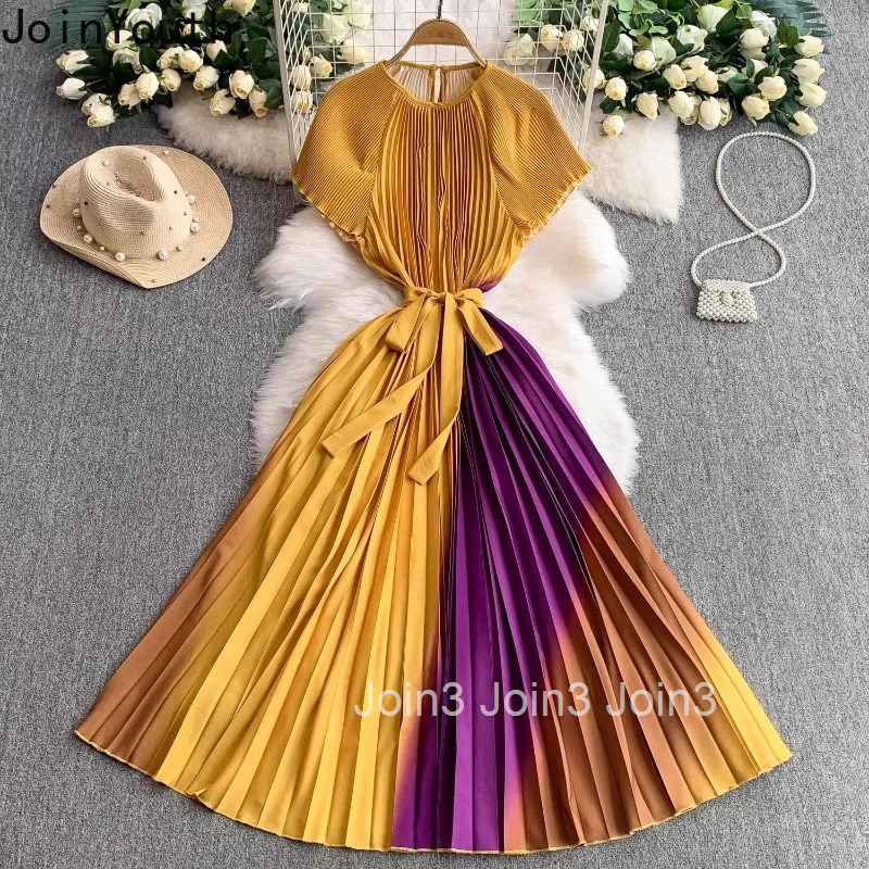 Fashion Gradient Color Pleated Dress O-neck Short Sleeve Slim Waist Robe Femme 2025 Vestidos De Mujer Bandage Summer Dresses