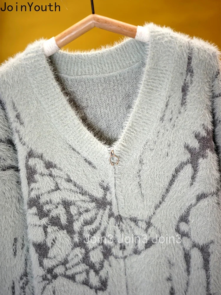 2025 Winter Clothing Furry Cardigan Jackets for Women Hole Zipper Print Sueter Mujer Thicked Pull Femme Fashion Knitted Sweater