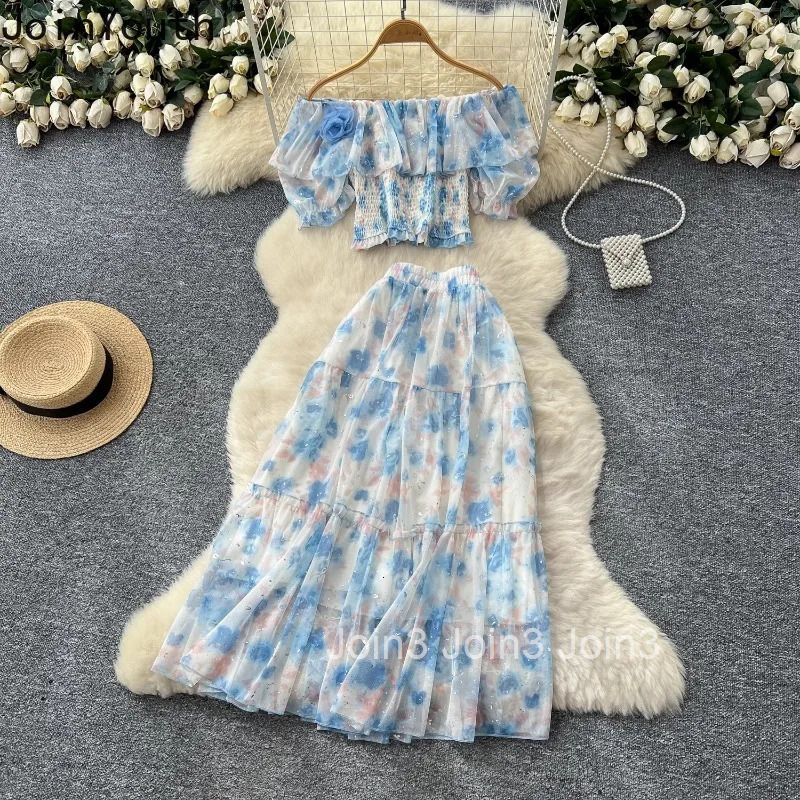 Sweet Two Piece Sets 2025 Women Clothing Slash Neck Puff Sleeve Crop Tops High Waist Big Swing Skirt Outfits Summer Print Suit