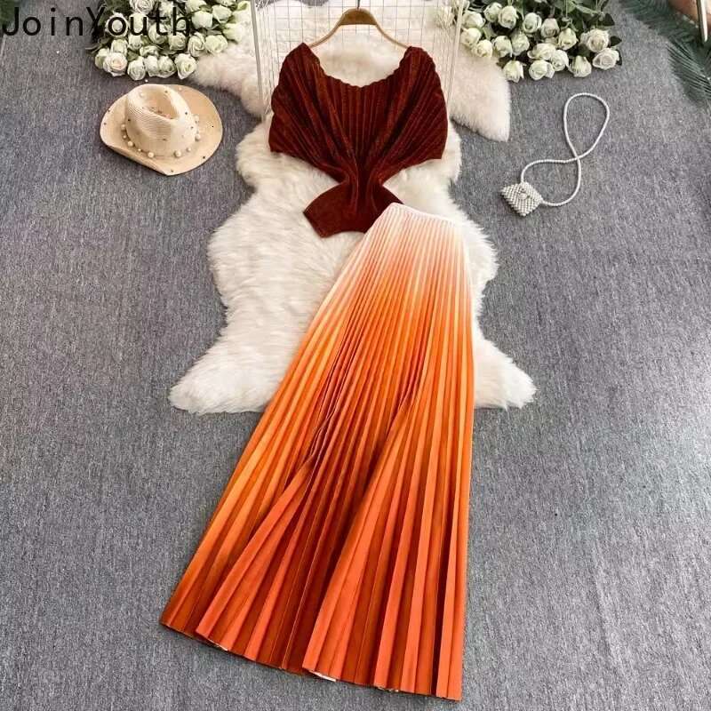 Summer Women Clothing Vintage 2 Piece Set Skirt Outfits Roupas Femme Short Sleeve Irregular Tops Gradient Pleated Skirts Suit
