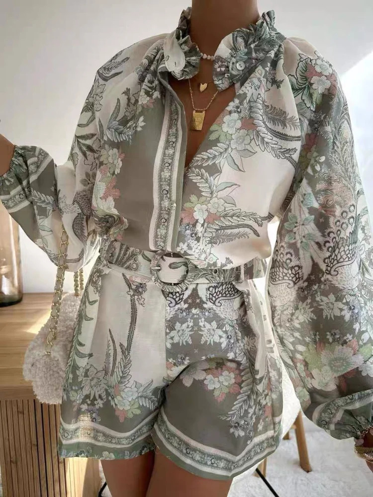 Vintage Printed Lantern Sleeve Button Shirt Set Casual Elastic Waist Wide Leg Short Pants Suit For Women 2025 Summer Street Wear 250617