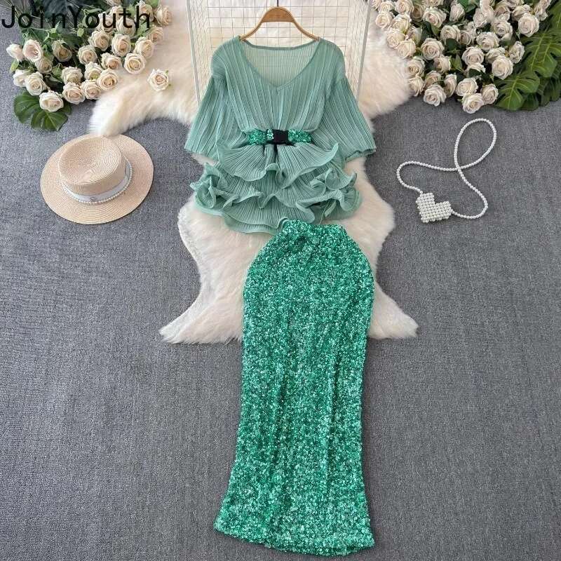 Temperament Skirt Suit V-neck Tunic Ruffles Short Sleeve Tops High Waist Bodycon Skirts 2025 Summer New Two Piece Sets Women
