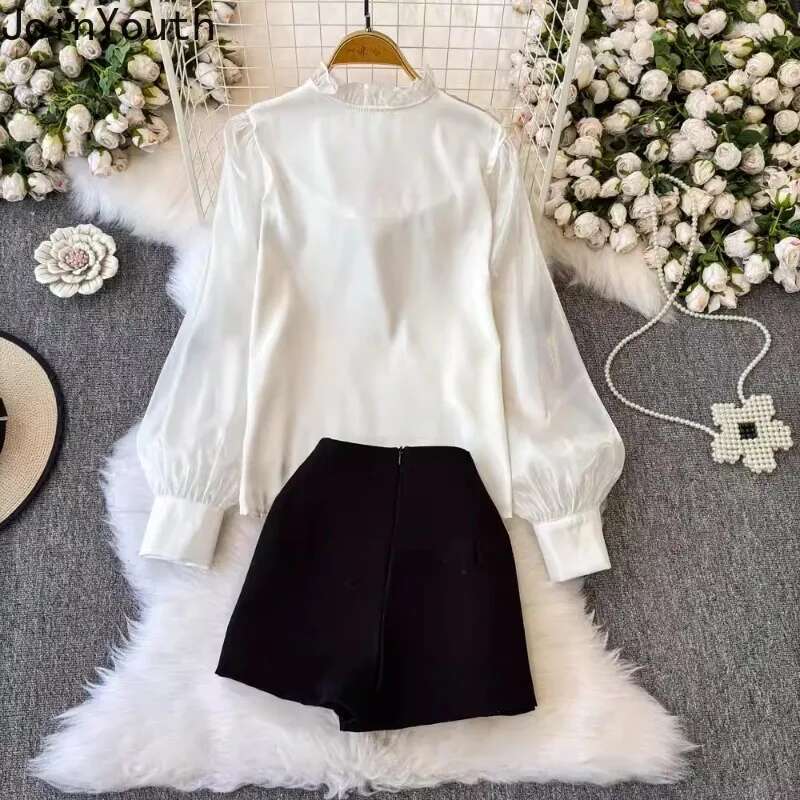 Korean 2 Piece Sets Womens Outfits 3D Floral Long Sleeve Blouse Heavy Beading Bodycon Mini Skirt Shorts Suit Fashion Summer Set