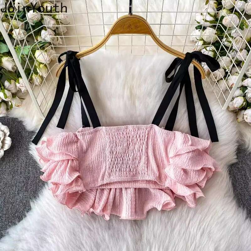 Women Clothes Sweet Vest Crop Tops Bandage Bow Ruffles Tees Fashion Sweet Tees Korean Sexy Camis Backless Folds Summer Y2k Tanks