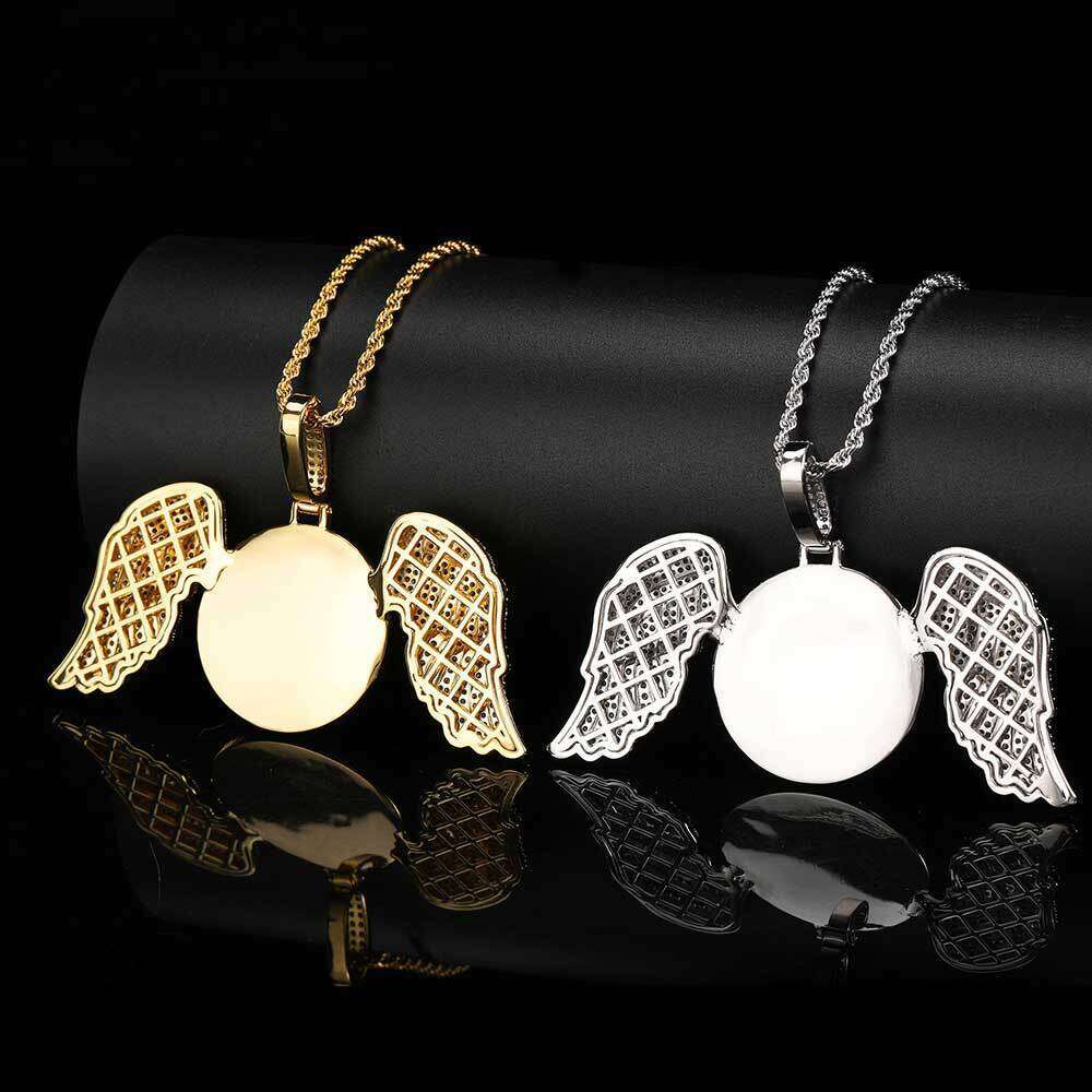 Large Wings Round Photo Pendant Micro Paved Zircon Personality Memory Frame Angel Necklace 7f55