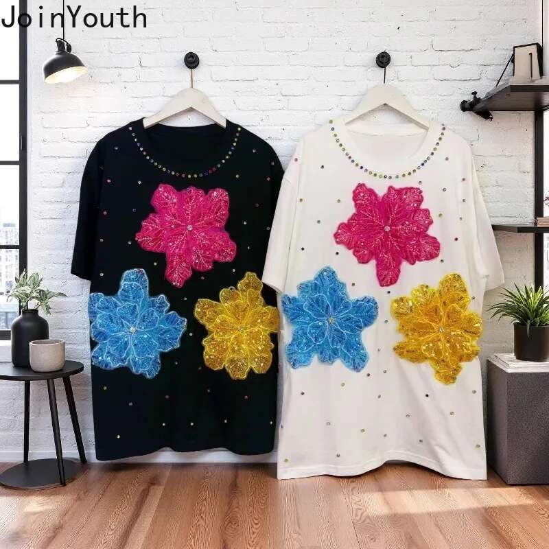 Summer Woman T Shirts Diamond 3D Floral Tees Fashion Korean Loose Camisetas 2025 Ropa Mujer Short Sleeve Casual Sweet Tshirt Top
