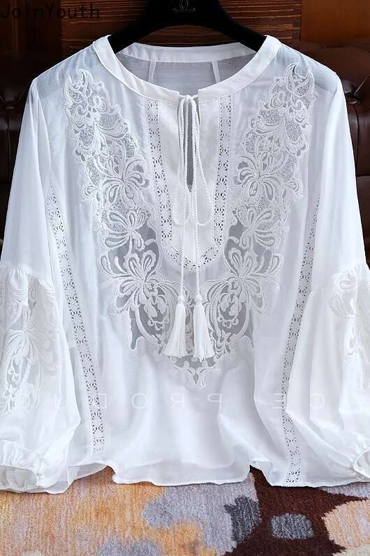 Blusas Mujer De Moda 2025 Summer Elegant Blouses Womens Clothing Embroidery Lantern Sleeve Shirts Loose Lace White Tops Femme