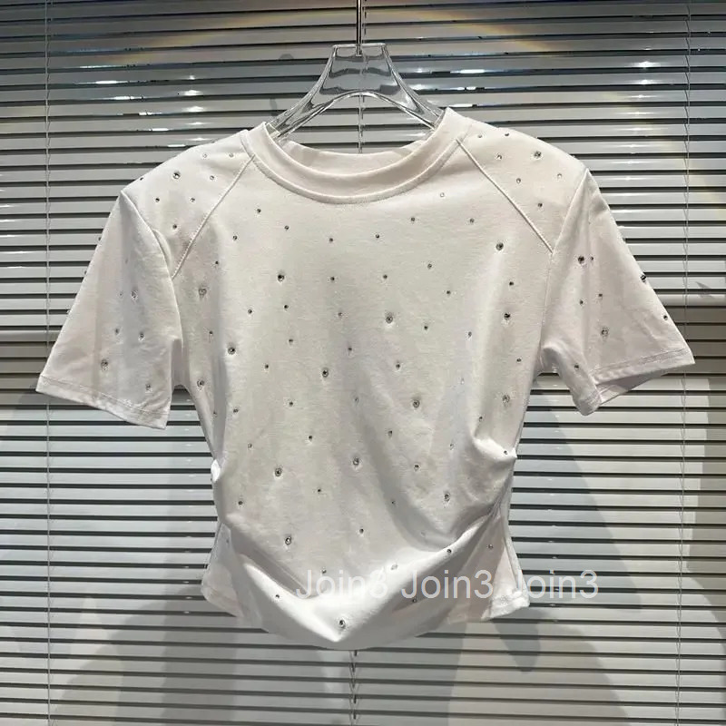 White Woman Tshirts 2025 Ropa Mujer Fashion Heavy Diamond Short Sleeve O-neck Summer Korean Tees Casual Crop Tops Y2k T Shirt