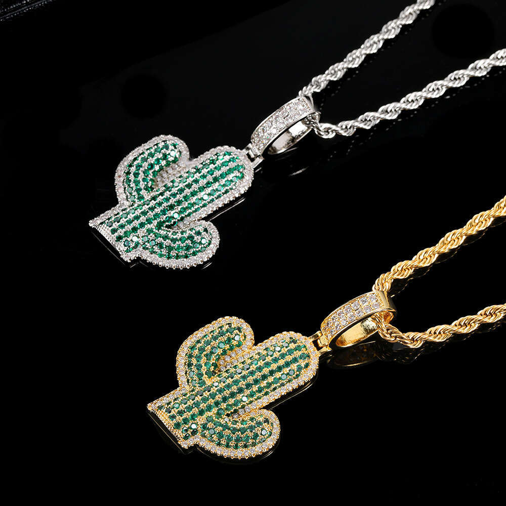 Micro Paved Zircon Solid Cactus Men's Pendant Real Gold Plated Street Fashion Brand Hip Hop Necklace 345f