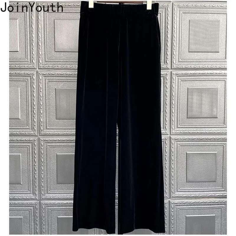 Korean Wide Leg Pants for Women High Waist Tunic Loose Trousers 2025 New Bottoms Vintage Straight Velvet Black Pantalon Femme