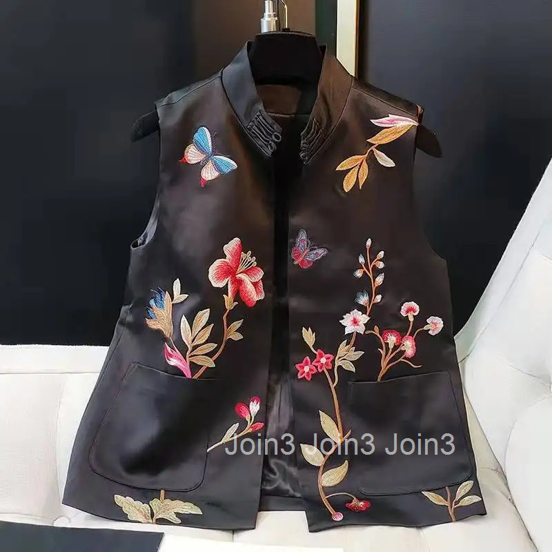Black Vintage Vest for Women Stand Neck Sleeveless Floral Tanks Chinese Style Tunic Casual Waistcoat Tops Chalecos Para Mujer