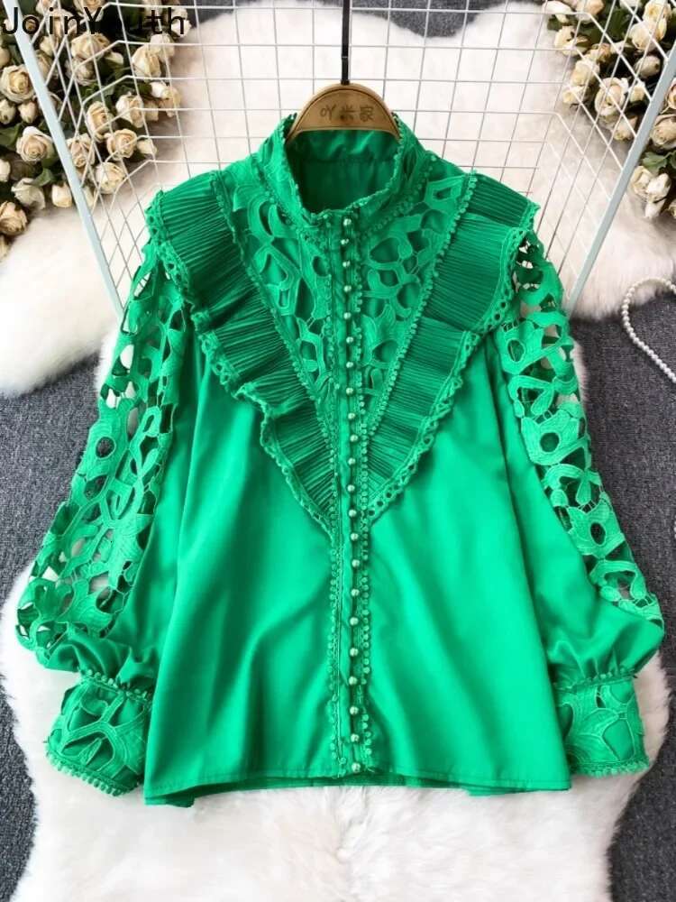 White Women Blouse 2025 Blusas Mujer De Moda Vintage Lantern Sleeve Patchwork Lace Hollow Out Shirts Fashion Korean Blouses Tops