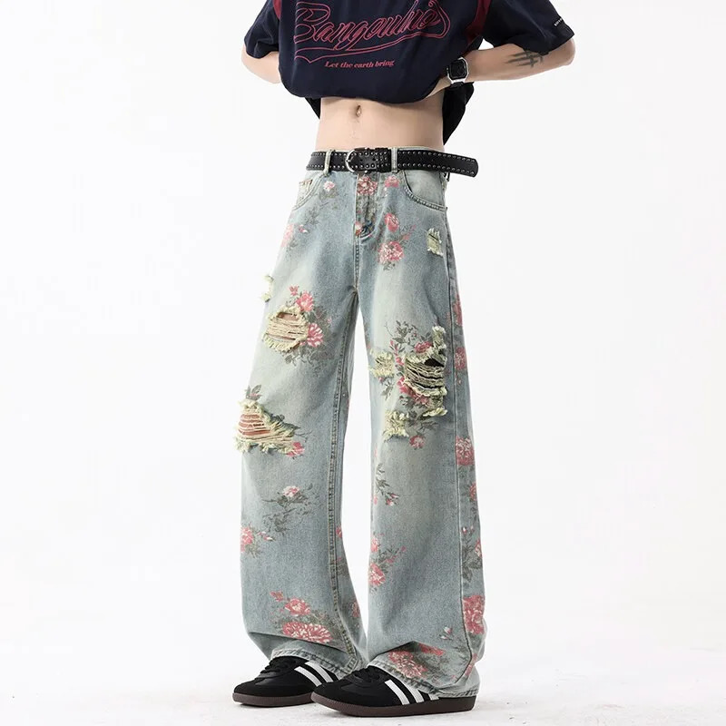 American high street ripped jeans mens summer floral sense beggar straight-leg pants high-end slim wide-leg pants 250618